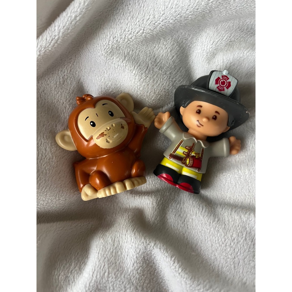 Fisher Price Little People Figures Lot Monkey and Firefighter Fireman Toy Set